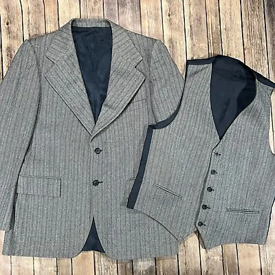 VINTAGE Yves Saint Laurent Blazer Sport Coat & Vest Men 42 Grey Blue Herringbone • $99.95