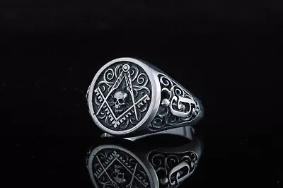 Masonic Symbol Skull Ring Freemansory Signet Square And Compasses Jewelry • £75.06