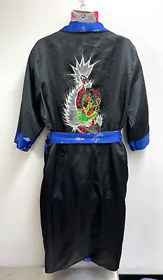 Vintage Reversible Oriental Dragon Embroidery Silk Satin Smoking Jacket Robe XL • $89.90