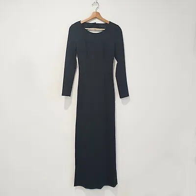 Elle Zeitoune Size 6 Black Stretch Sateen Long Sleeve Open Back Maxi Gown Dress • $89.95