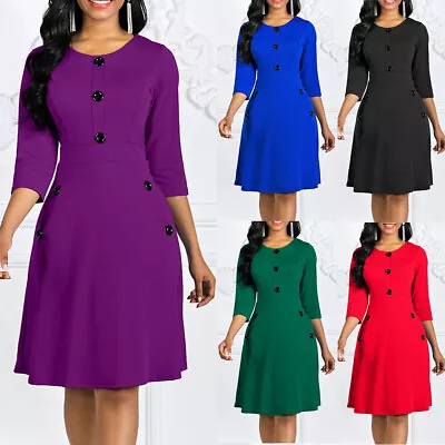 Womens 3/4 Sleeve Swing Dress Ladies Work Office Party Cocktail Midi Dresses UK • £19.10