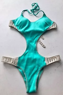 Victorias Secret Seafoam Glow Aqua Crochet Sides Monokini One Piece Swim Suit • $54.99