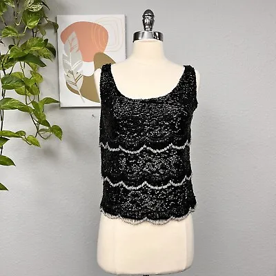 FORECAST Vintage Shirt Womens 12/L Black Sequin Tank Top Sleeveless 50s 60s • $46.44