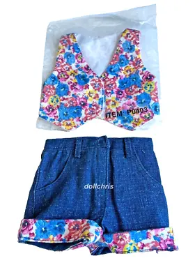 Blue Denim Shorts With Pansy Vest 18  Slim Doll Just Pretend Magic Attic LOT-10 • $14.99