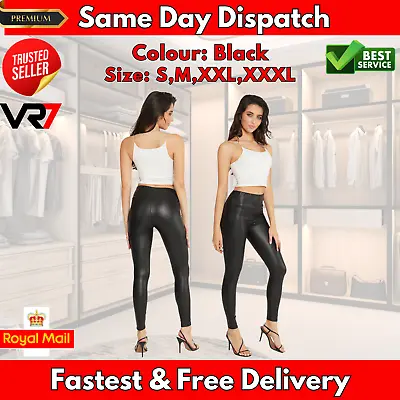 High Wet Waisted Look Ladies Leggings Pvc Shiny Pu Womens Trousers Skiny Wetlook • £7.99