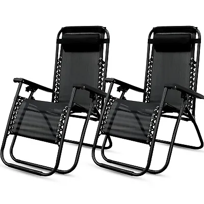 2 X Reclining Sun Lounger Outdoor Garden Folding Zero Gravity Chair Adjustable • £59.85