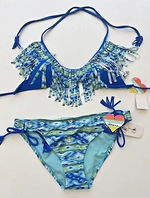 £14.52 • Buy RAISINS Fringe Tassel 2 Piece Bikini Set Blue Ikat Print Size L NWT