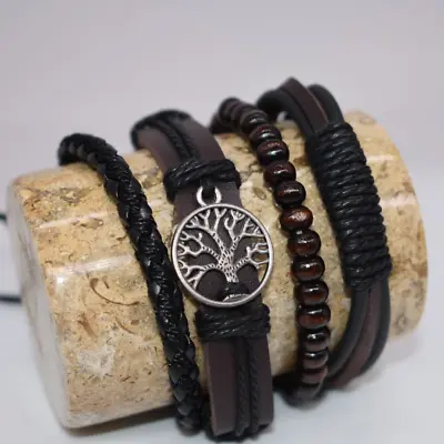 Mens Braided Fashion Bracelets PU Leather Bracelet Bangle Wrap Wristband UK • £8.39