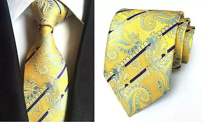 Tie Yellow Blue Paisley Patterned Handmade Wedding Necktie 8cm Width • £8.95