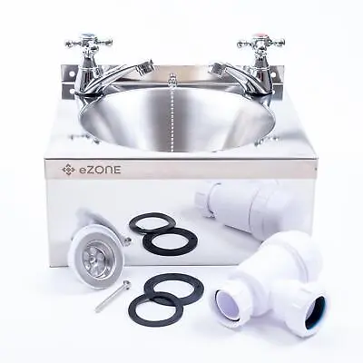 Commercial Stainless Steel Hand Wash Basin Sink With Cross Taps Waste Plug Trap • £64.99