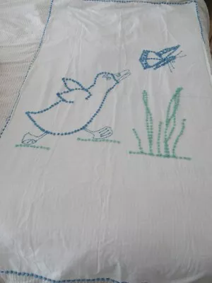 Vintage Chenille Embroidery Baby Blanket Coverlet Duck Chasing Butterfly  66x40  • $18.95