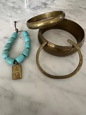 Lot Of Vintage Brass Bangel And Turquoise Bead Tibetan Prayer Bracelet W/ Charm • $10