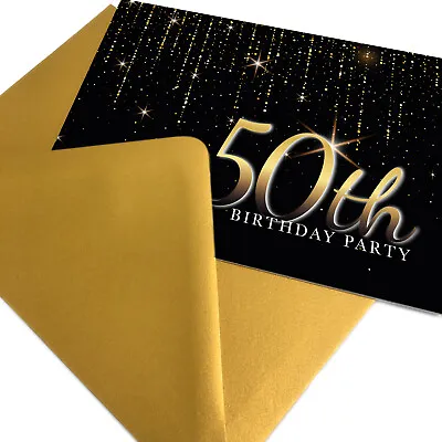 50th Birthday Party Invitations With Gold Envelopes - Premium Invites -  1-100pk • £25.95