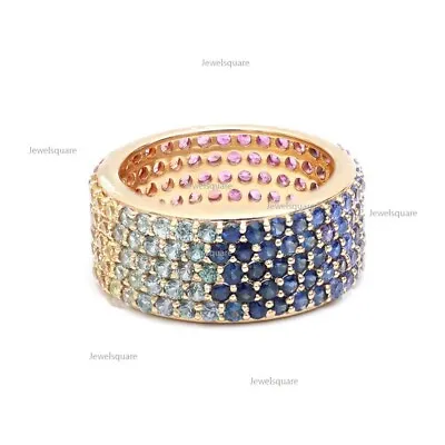 Five Row Rainbow Sapphire Thick Band Ring 14k Gold Wedding Five Line Band Ring • $2625.87