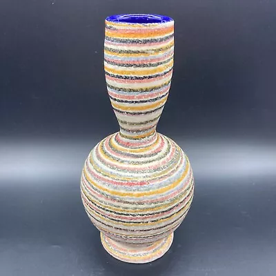 Vintage Made In Italy Striped 9  Mid Century Pottery Vase Blue Interior 8600-C • $49.95