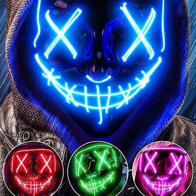 LED Purge Mask Glow In Dark Light Up Halloween Costume Scary Rave Festival Party • $10.90