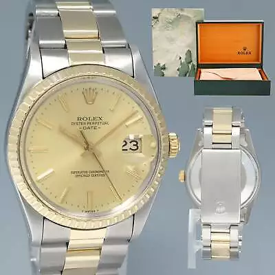 MINT Rolex Oyster Perpetual Date 15053 Two Tone Gold Champagne Oyster Watch • $4992.13