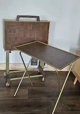 Vtg Set Of 4 MCM Faux Parquet Wood TV Trays Rolling Rack Gold Metal Legs • $65