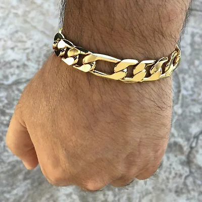 Men's 14K Gold Plated Figaro Hip Hop Bracelet 8  Inch X 12 MM Thick Wrist Chain • $14.95