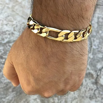 Men's 14K Gold Plated Figaro Hip Hop Bracelet 9  Inch X 12 MM Thick Wrist Chain • $14.95