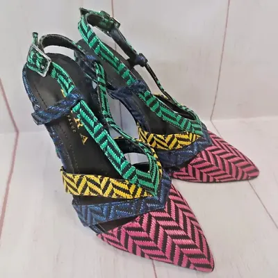 Zara Herringbone Multicolored Heels W/ Pointed Toe And Strappy Elagant Design • $10