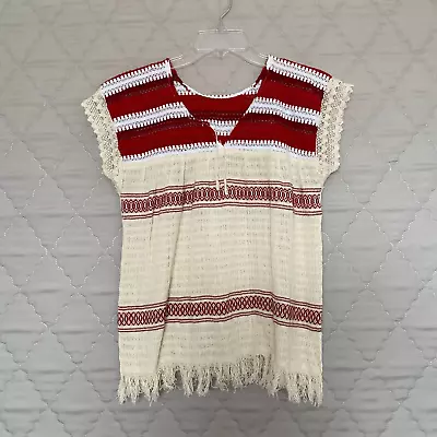 Bohemian Shirt Women Large Cream Red Top Aztec Mexican Shirt V-neck • $25