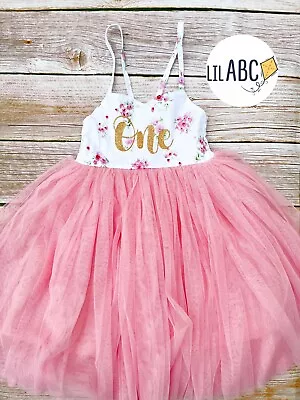 Personalised 1st Birthday Cake Smash One Year Girl Party Pink Floral Tutu Dress • $47.95