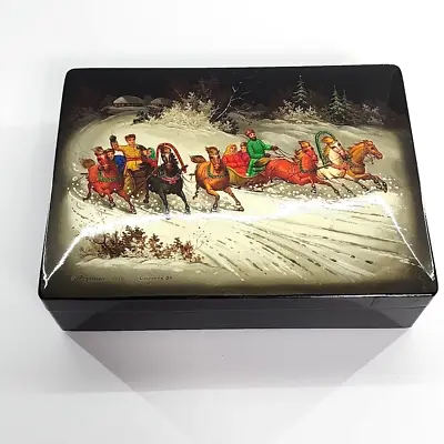 Vintage Signed Russian Black Lacquer Jewelry Trinket Box 10x7 Horses Sleigh Snow • $235