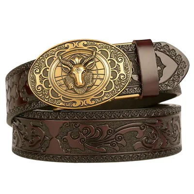 Men's Genuine Leather Belt Sheepshead Automatic Buckle Designer Cowboy Belts • £20.39