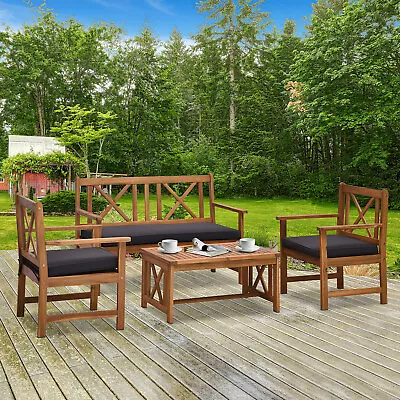4-Piece Acacia Wood Backyard Conversation Chat Seating Set W/ Cushions Teak/Grey • $314.99