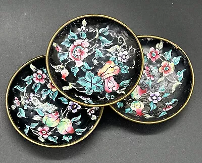 3 Vintage Footed Enamel On Copper Flowers Salt Cellar Small Dishes Fruit-Flowers • $21