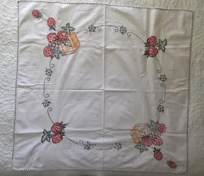 Vintage Hand Embroidered Strawberry Motif Table Topper  ~  About 36  Square • $19