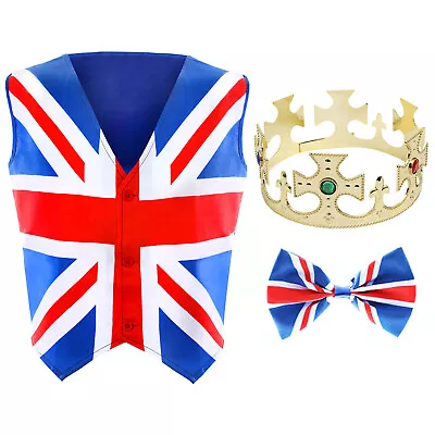 Mens Union Jack Waistcoat Bow Tie & Crown Fancy Dress Costume Coronation Royal • £16.99