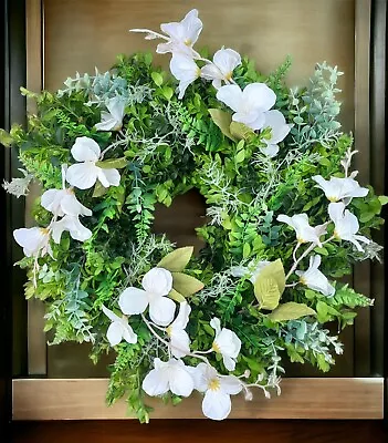 Handmade Spring Wreath  Fresh Artificial Silk  White Flowers Door Green  • £24