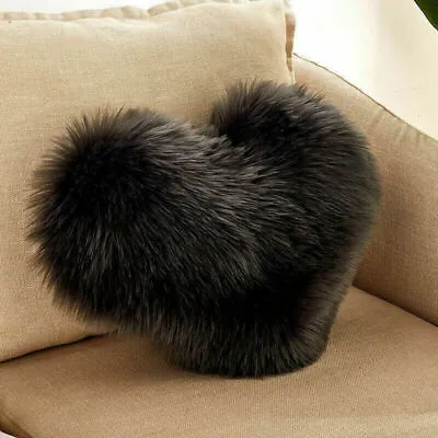Love Heart Shape Fluffy Pillow Case Soft Sheepskin Sofa Cushion Cover Home Decor • £10.59