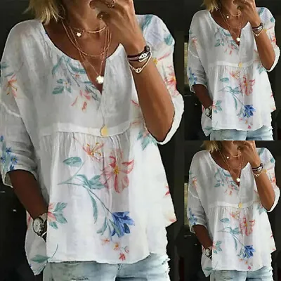 Womens Cotton Linen Boho Tunic Tops Ladies Floral Baggy Loose Blouse T-shirt UK • £12.69