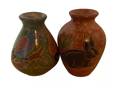 2 Nicaraguan Mayan Style Hand Painted Etched Folk Art Pottery Small Vessels Vase • $12.95