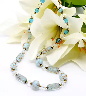 Vtg Italian Venetian Murano Wedding Cake Blue Foil Art Glass Beaded Necklace • $89.95