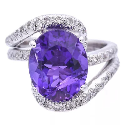 Vintage 18K White Gold Oval 4.01 Ct Amethyst & Diamond Cocktail Ring Size 5 • $649