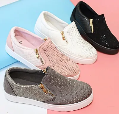 Trendy Women's Slip-On Studded Trainers | Flat Zip Sport Shoes | Casual Gym Work • £6.95