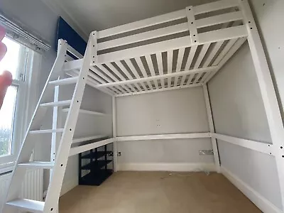 Double IKEA Loft Bed Solid Wood High Bed LARGE 6'6  X 4'6  Extra Storage Space • £100