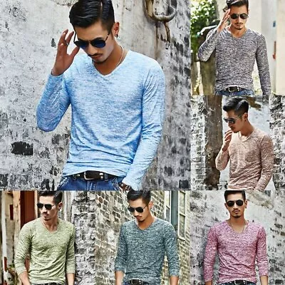 Men Long Sleeve T-Shirts Casual Tops Solid Color V Neck Slim Tees Stretch Shirt • $15.12