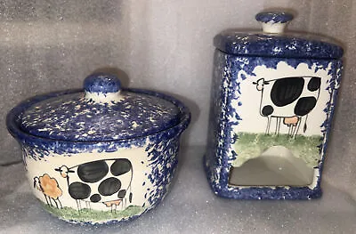 Molly's Cows Blue By MOLLY DALLAS Blue Spatterware Tea Bag Holder & Covered Bowl • $25.99