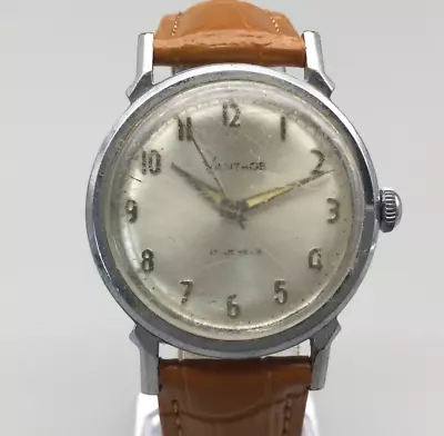 Vtg Vantage By Hamilton Watch Men Gsilver Tone 17 Jewels Leather Manual Wind • $101.99