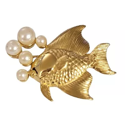 Gold Tone Fish And Faux Pearl Bubbles Brooch Pin Brooch E30 • $42