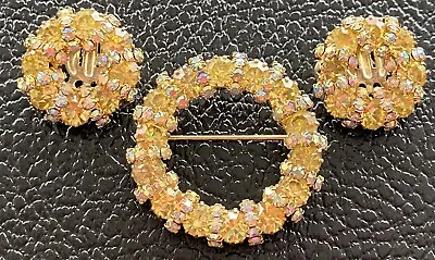 Vintage Weiss Aurora Borealis Rhinestone Wreath Brooch & Earrings Matching Set • $30