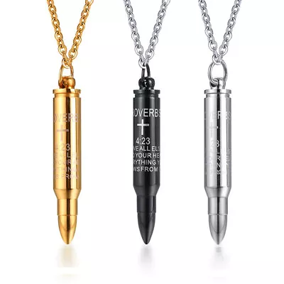 Lord Bible Prayer Men Necklace Bullet Pendant Ashes Urn Cremation PROVERBS 4:23 • $15.99
