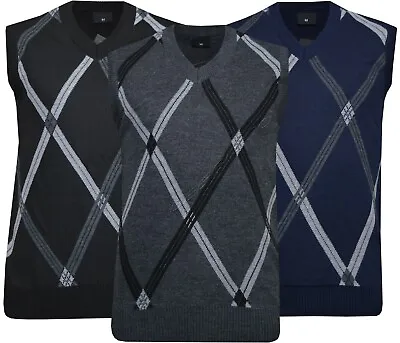 Mens Diamond V Neck Sleeveless Sweater Jumper Tank Top Jersey Golf Casual S-2XL • £11.99