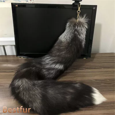 28  39 47  Long Real Natural Silver Fox Fur Tail Keychain Cosplay Toys Pendant • $24.50