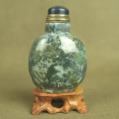 Stunning With Lapis Lazuli Top Lid Chinese Floater Moss Agate Snuff Bottle • $260